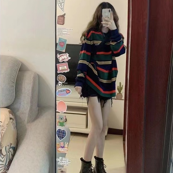 Áo len mỏng Perty kẻ sọc thời trang mới mùa thu phong cách Hàn Quốc cho nữ