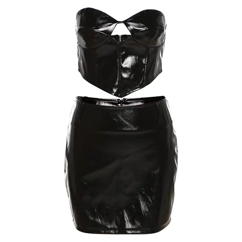 Set Áo Và Chân Váy Da Đen PU Phong Cách Sexy Quyến Rũ Dành Cho Nữ