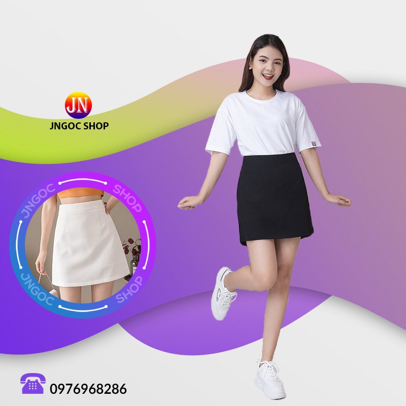 Chân váy chữ A lưng cao, Chân váy ngắn công sở cạp cao đen trắng trẻ trung