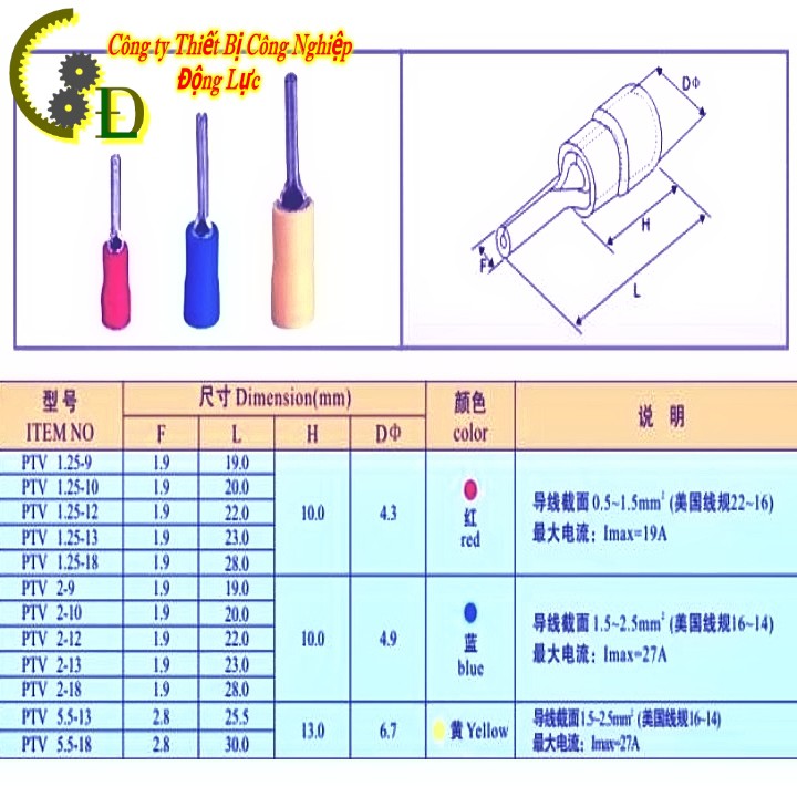 Đầu cos pin tròn đặc bọc nhựa PTV 2-10, cốt kim bấm nối dây điện 1.5mm, 2.5mm bằng đồng