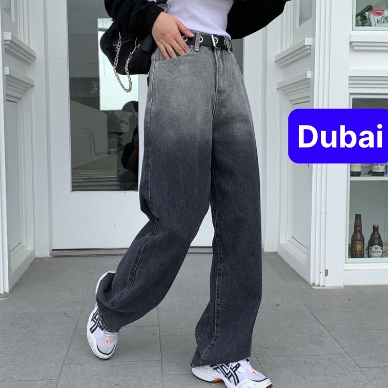 QUẦN BAGGY JEAN NỮ CHẤT BÒ ĐEN XANH XÁM LOANG 2 MÀU ỐNG SUÔNG RỘNG DÀI KHÓA TRƯỚC LƯNG CAO SANG CHẢNH MỚI - DUBAI FASHIO