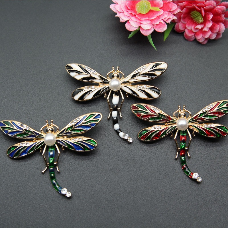 Trâm Cài Áo Hình Chuồn Chuồn Tráng Men Đính Ngọc Trai Tráng Men