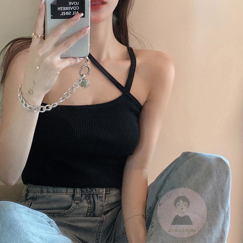 Áo Tank Top Hai Dây Lệch Tà Màu Trơn / Trắng / Xanh Lá / Đen Thời Trang Mùa Hè Cho Nữ