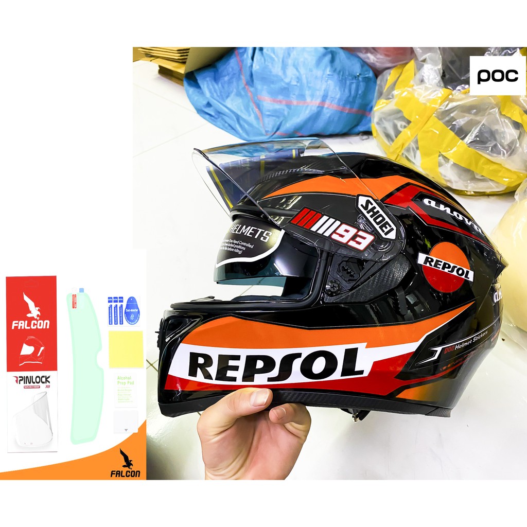 ( Tặng kèm 1 PINLOCK chống đọng sương) Nón ROC 05 2 Kính màu Đen Bóng lên tem REPSOL ( kèm túi đựng nón và hộp)