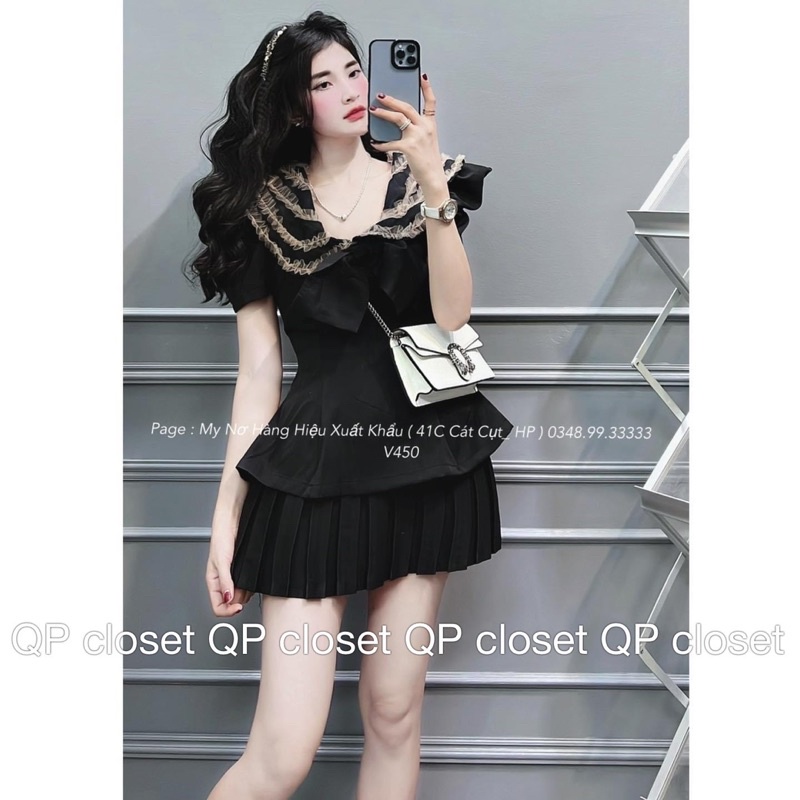 Set áo cổ bèo ren nơ + chân váy