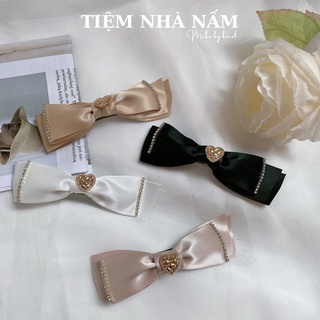 🎀 [ Nhà Nấm handmade ] KẸP TÓC NƠ VIỀN ĐÁ ĐÍNH HÌNH TRÁI TIM CAO CẤP