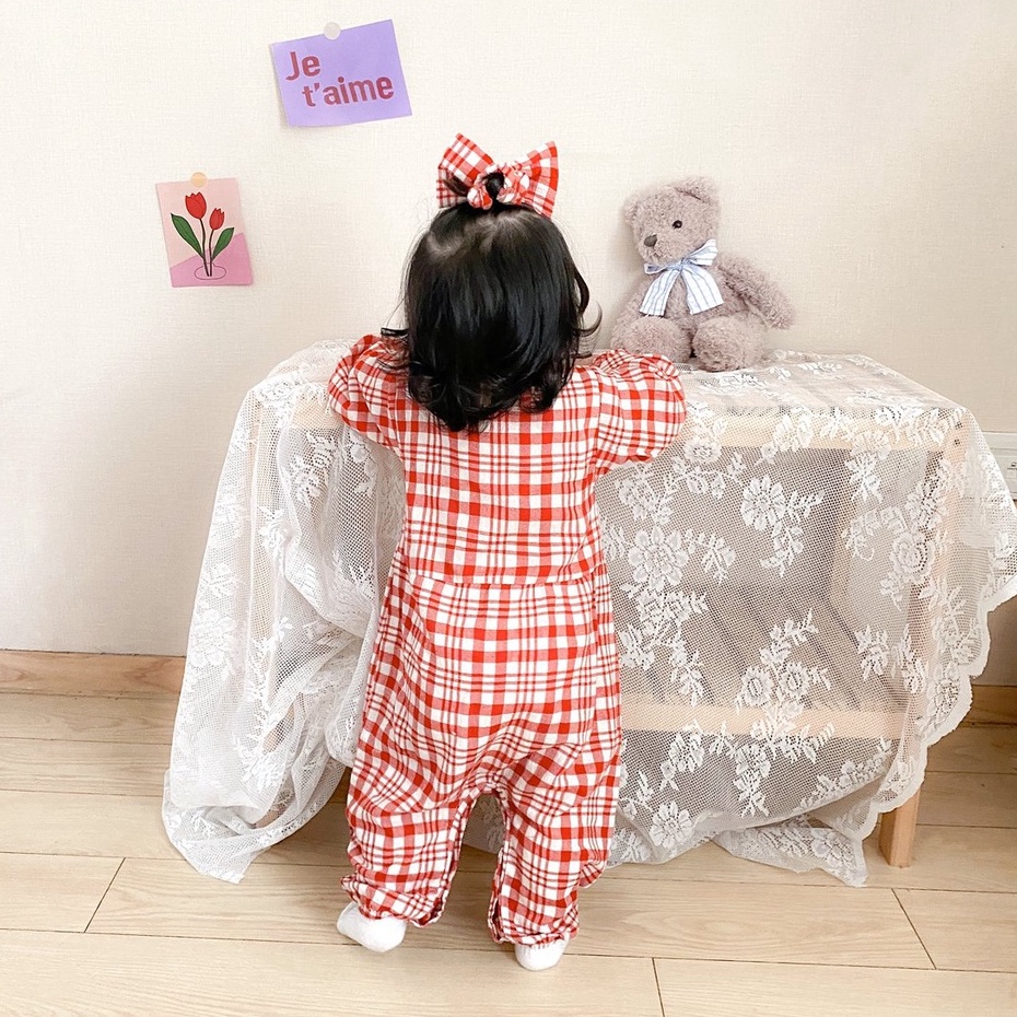 Sanlutoz Tết Bộ Áo Liền Quần Tay Dài In Caro &amp; Băng Đô Quấn Đầu Dễ Thương Cho Bé Gái