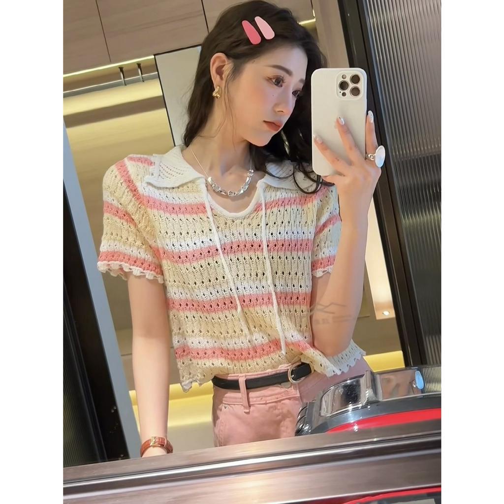 ZHELIHANGFEI Áo Sweater Dệt Kim Cổ Bẻ Cột Dây Màu Sắc Ngọt Ngào Phong Cách Pháp