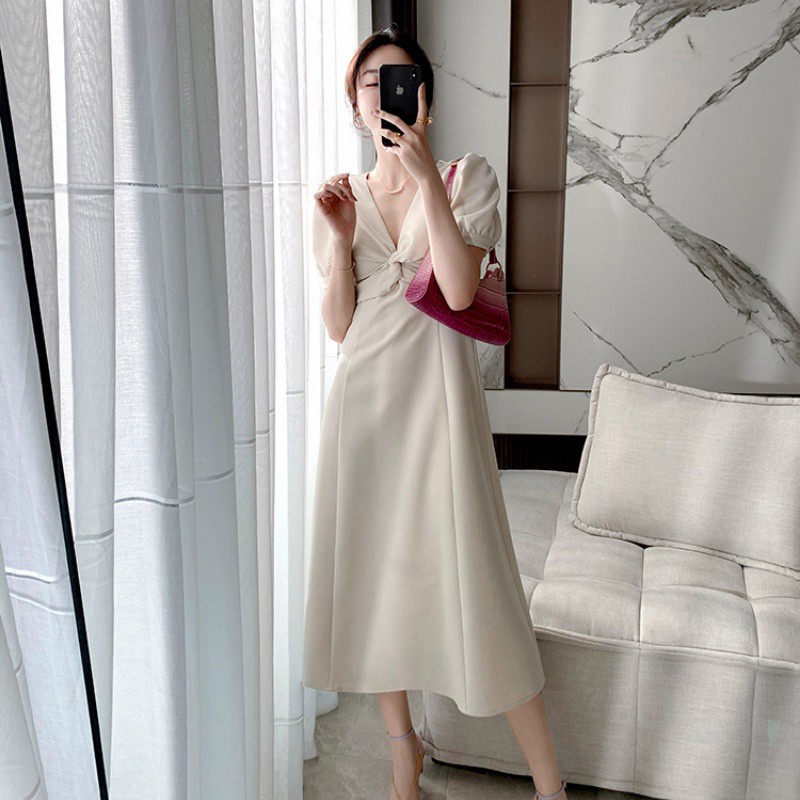 Đầm midi dáng ôm tay phồng phong cách Hàn Quốc thời trang mùa hè cho nữ