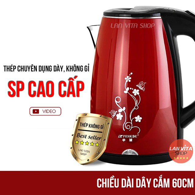 Ấm Siêu Tốc Lõi Kép 3 Lớp Cách Nhiệt Cao Cấp, Bình Đun Nước Cỡ Lớn 2 Lít Chống Bỏng Nhanh Sôi