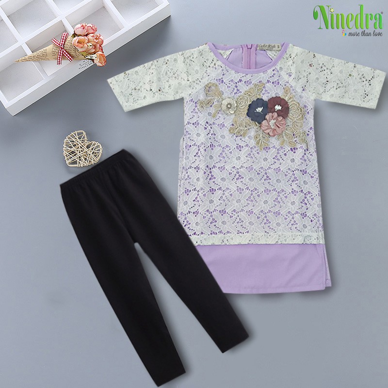 Áo dài cách tân vải ren + quần legging cotton size cho bé 8-20kg