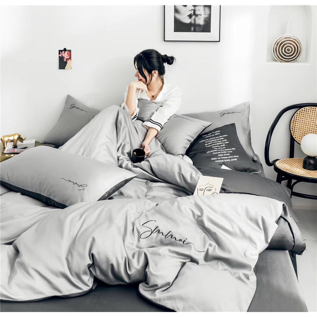 Bộ Chăn Ga Gối Lụa LIDACO cotton lụa trơn sợi vải 60s - Xám Nhạt Phối Màu