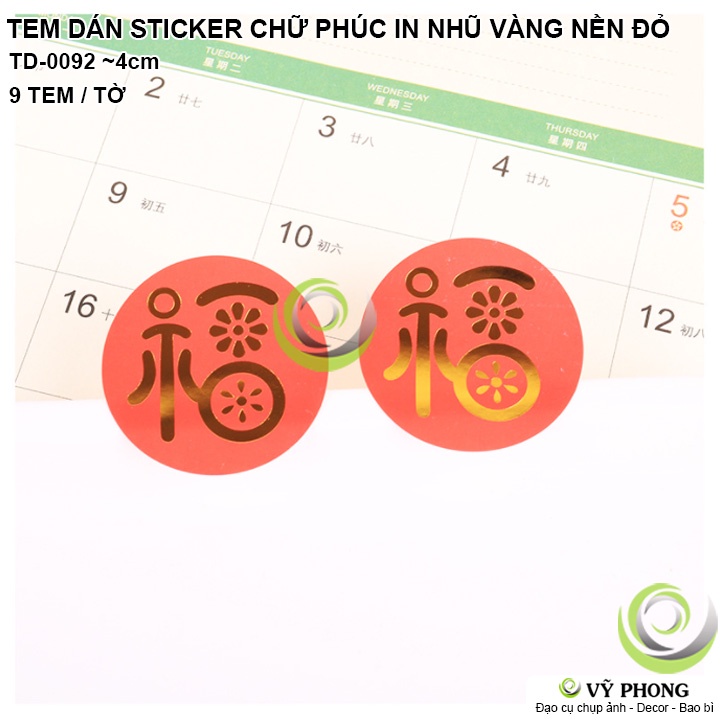 TEM DÁN STICKER NHÃN DÁN CHỮ PHÚC NỀN ĐỎ CHỮ NHŨ VÀNG TRANG TRÍ NIÊM PHONG BAO BÌ HỘP QUÀ TẶNG TẾT XUÂN TD-0092