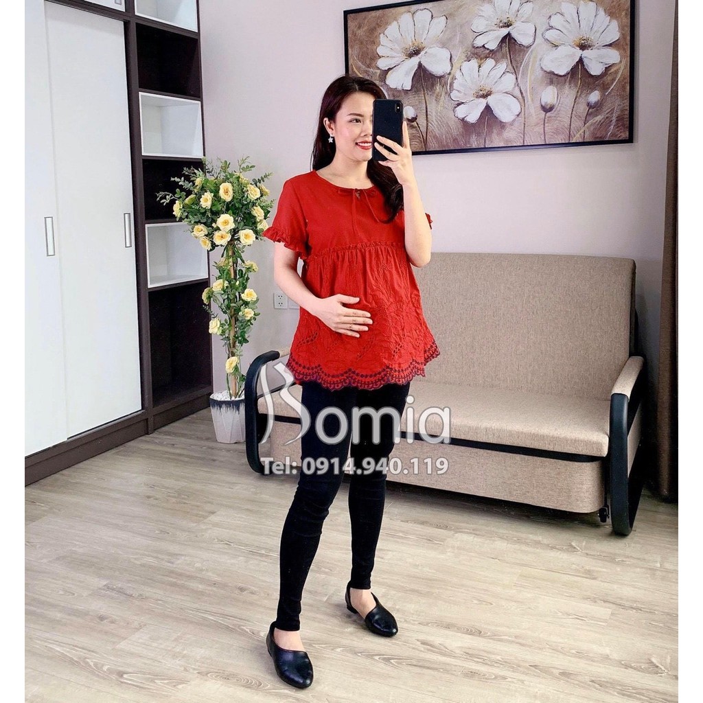 Áo bầu họa tiết thêu hoa nhỏ chất liệu mát mẻ siêu xinh