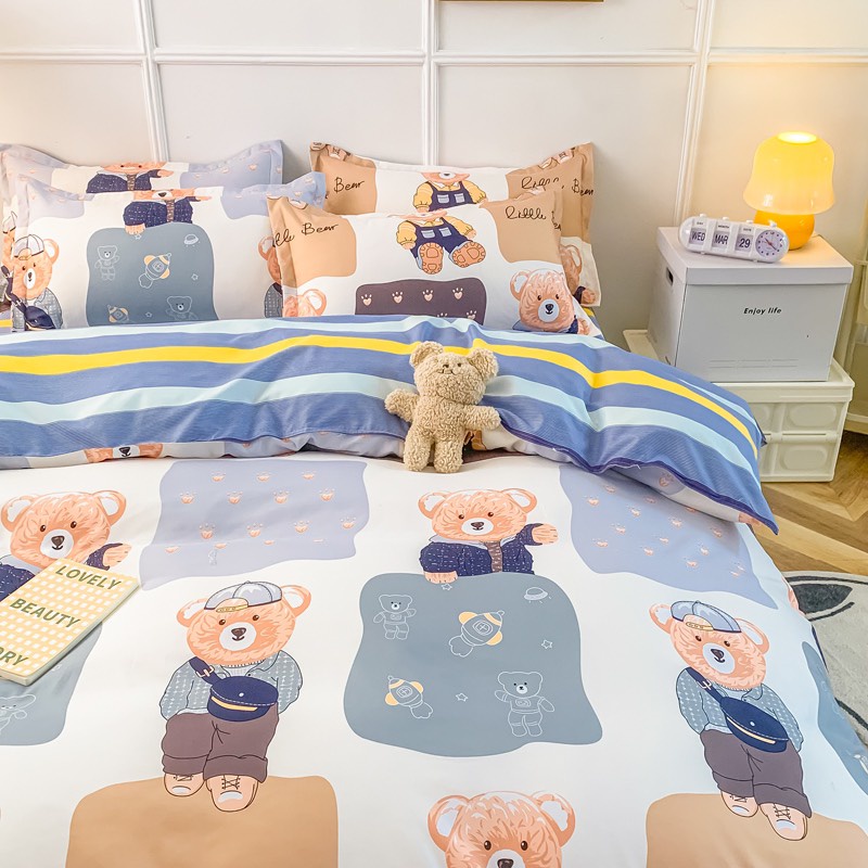 Bộ vỏ chăn ga gối Cotton poly M2T BEDDING gồm vỏ chăn mền, drap ga giường và 2 vỏ gối nằm - PL Littte bear