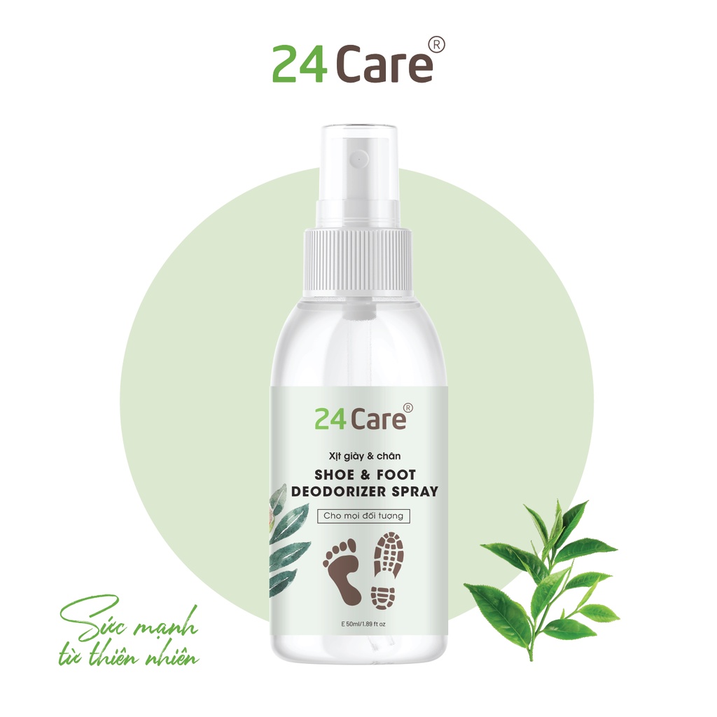 Xịt khử mùi giày và chân 24Care 50ml/100ml-lưu hương, sạch khuẩn chiết xuất tinh dầu thảo mộc