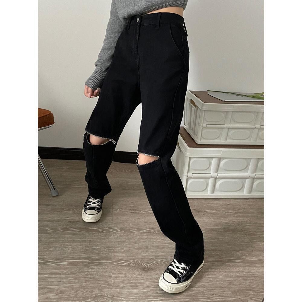 Quần Jeans Nữ Rách Gối Kéo Khoá Ống Rộng Size S-2Xl Màu Đen