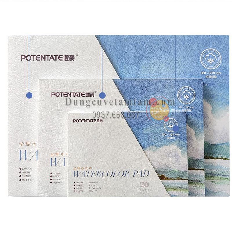 Sổ vẽ màu nước Potentate 100% Cotton, 20 tờ - Sô chuyên vẽ màu nước cao cấp -  water color pad - Dụng cụ vẽ Tâm Tâm