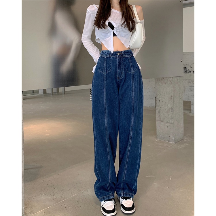 QKOOLE Quần jean  ống đứng lưng cao phong cách cổ điển Hàn Quốc cho nữ