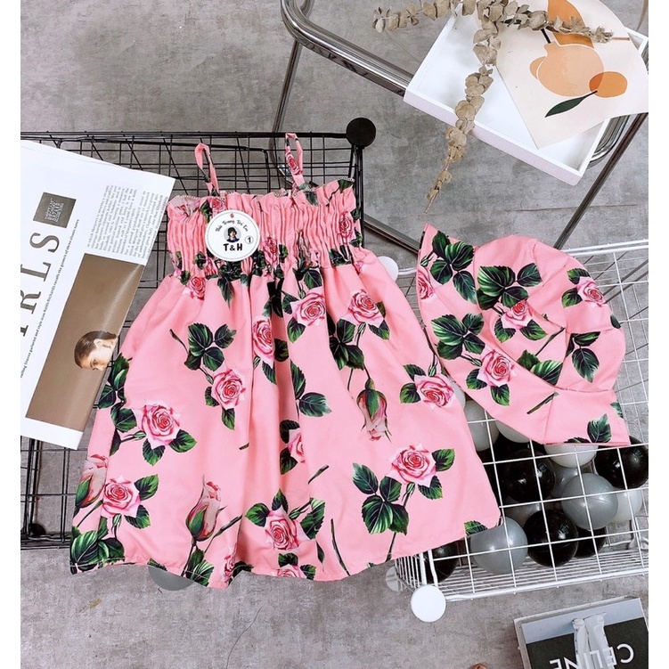 Váy voan hoa maxi kèm mũ cho bé gái