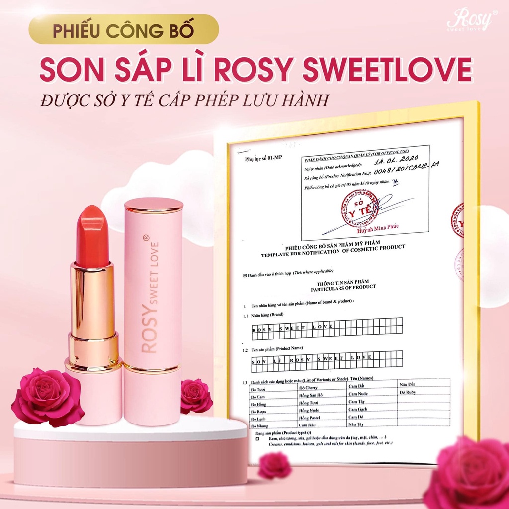 Son sáp lì Rosy Sweet Love, không chì , không thủy ngân, bền màu 12h, Acosmetics