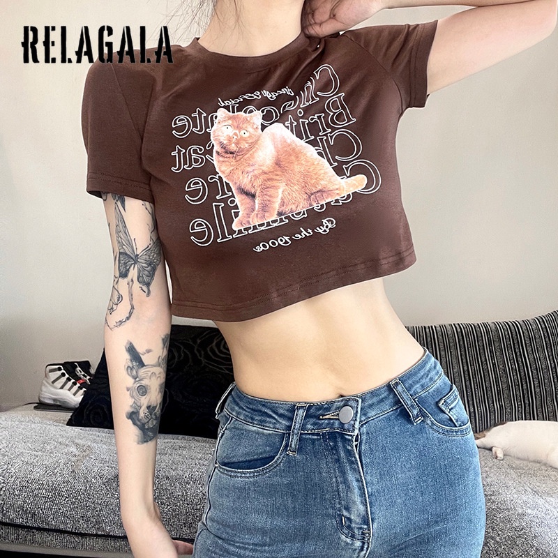 Áo Thun Croptop Tay Ngắn In Hình Mèo Ngộ Nghĩnh Cho Nữ