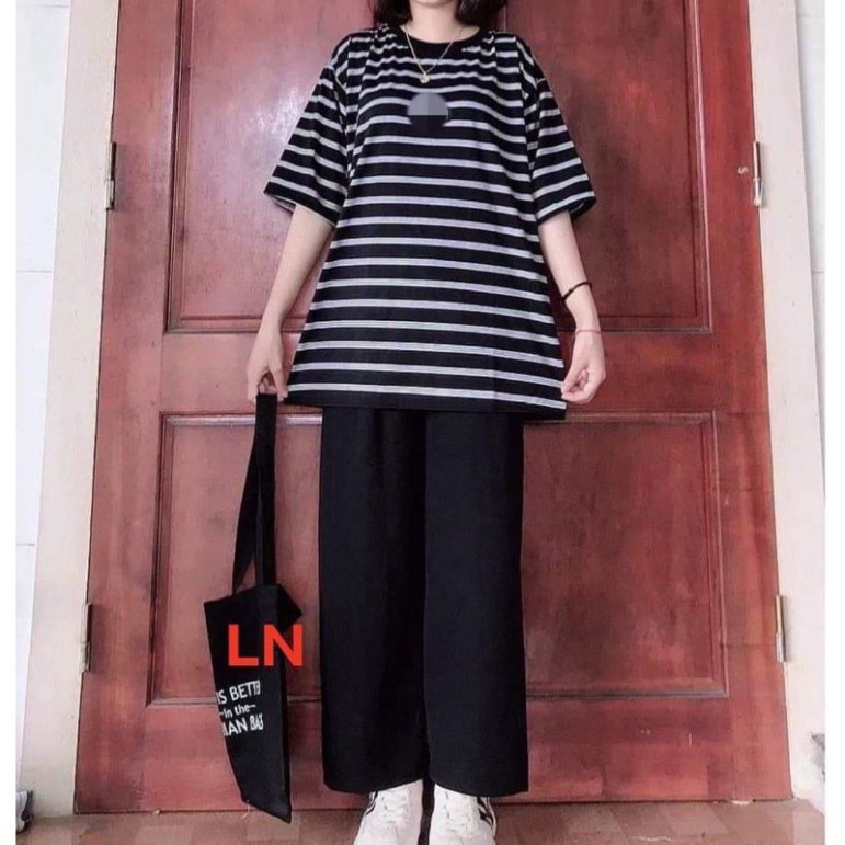 Sét áo kẻ đen + quần ống rộng LN0421