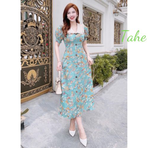 Váy hoa nhí xanh dáng dài cổ vát chất mát tay bồng che khuyết điểm dễ phối đồ Tahe V56
