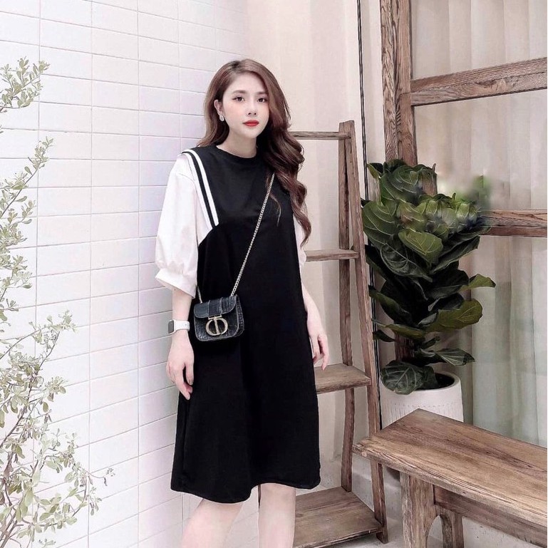 Đầm bầu đẹp - váy bầu suông màu đen phối tay trắng sọc nách hàng freesize tới 70kg BN10