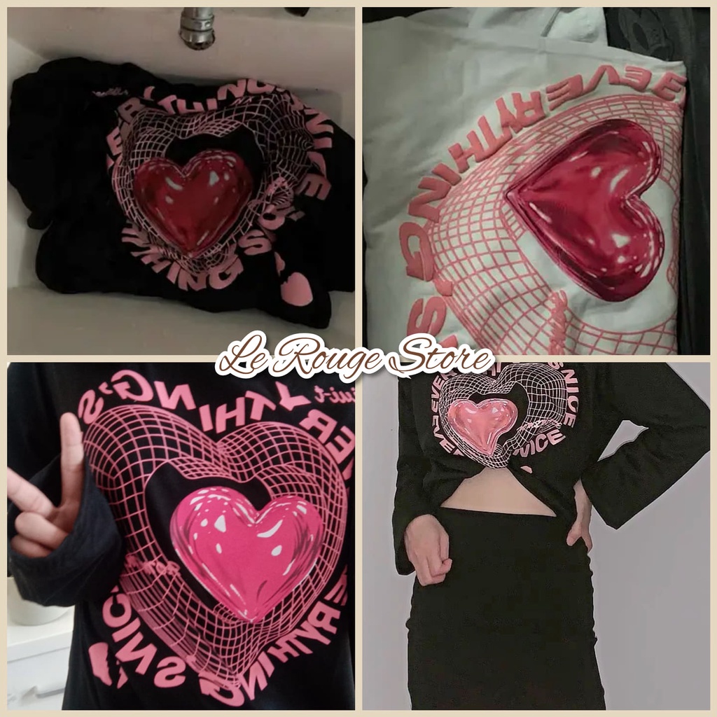 Áo thun nữ ulzzang tay dài in hình puzzle heart cá tính dáng suông màu đen và trắng phong cách Hàn