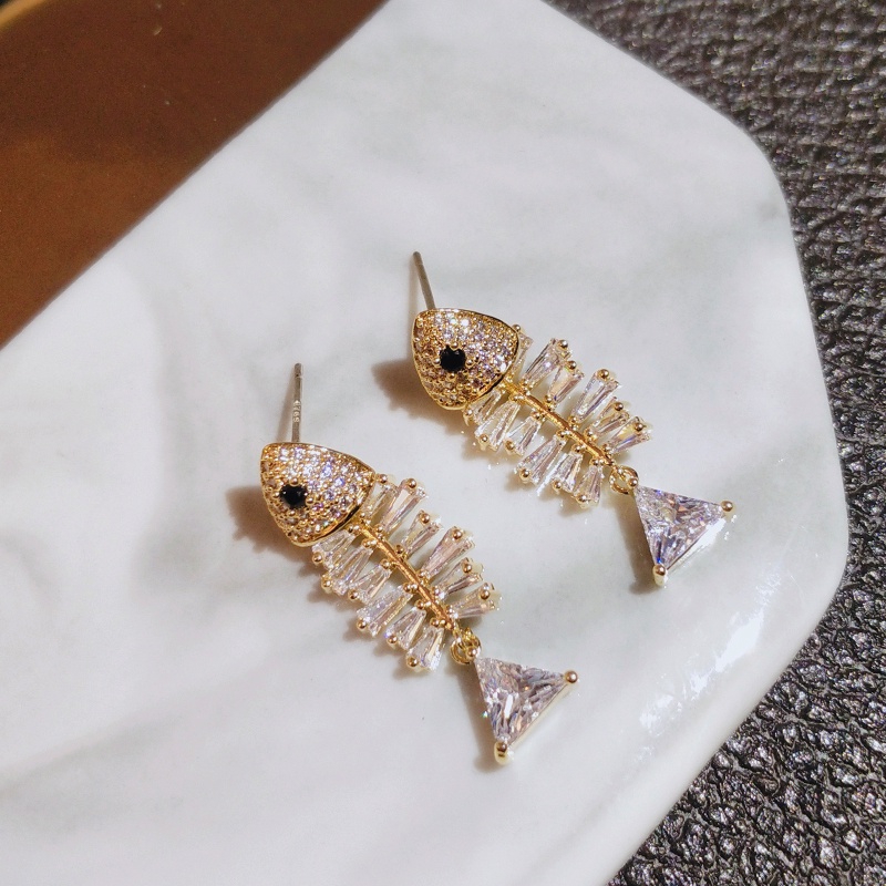 Khuyên tai JIUDUOLAN hình xương cá đính đá zircon độc đáo sáng tạo