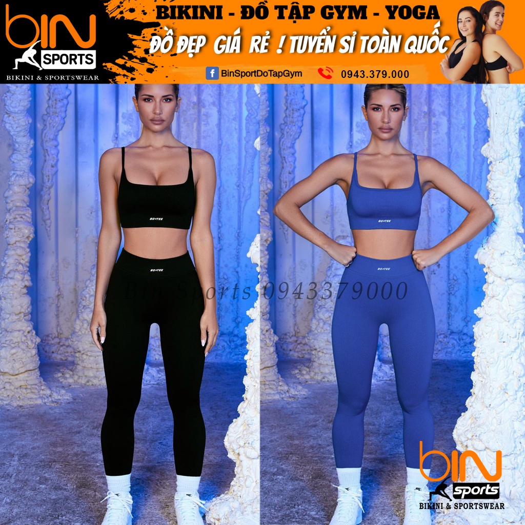 Bộ đồ tập gym yoga thể thao nữ, set quần dài áo bra 2 dây dệt kim quảng châu cao cấp Bin Sports BD167