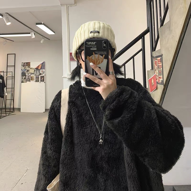 Áo Sweater Lông Tay Dài Cổ Tròn Dày Dặn Ấm Áp Cho Nam Nữ