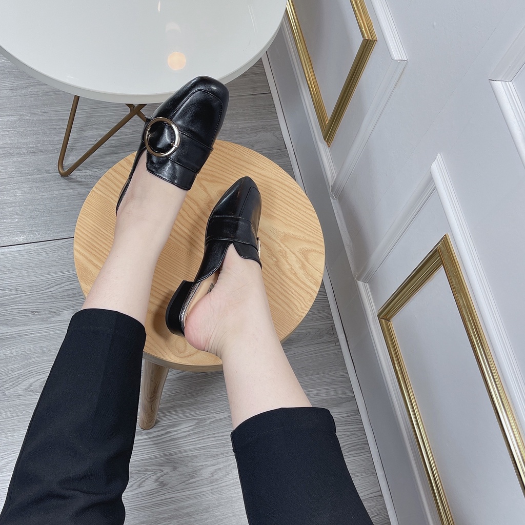 Sục nữ mũi vuông da thật, dép sục nữ quai xích tang tròn đế bệt cá tính