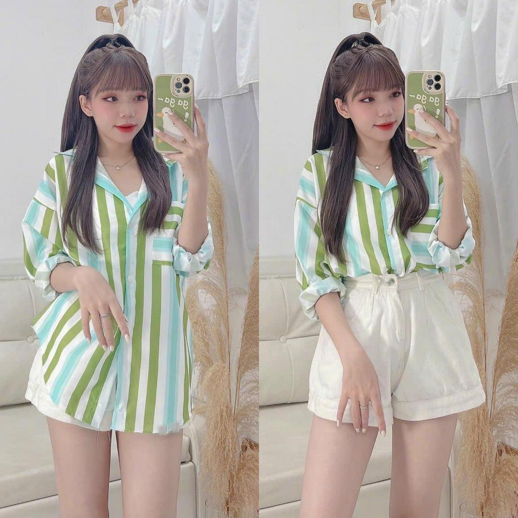 Áo Sơ Mi Sọc Phối Màu Tay Dài Có Túi