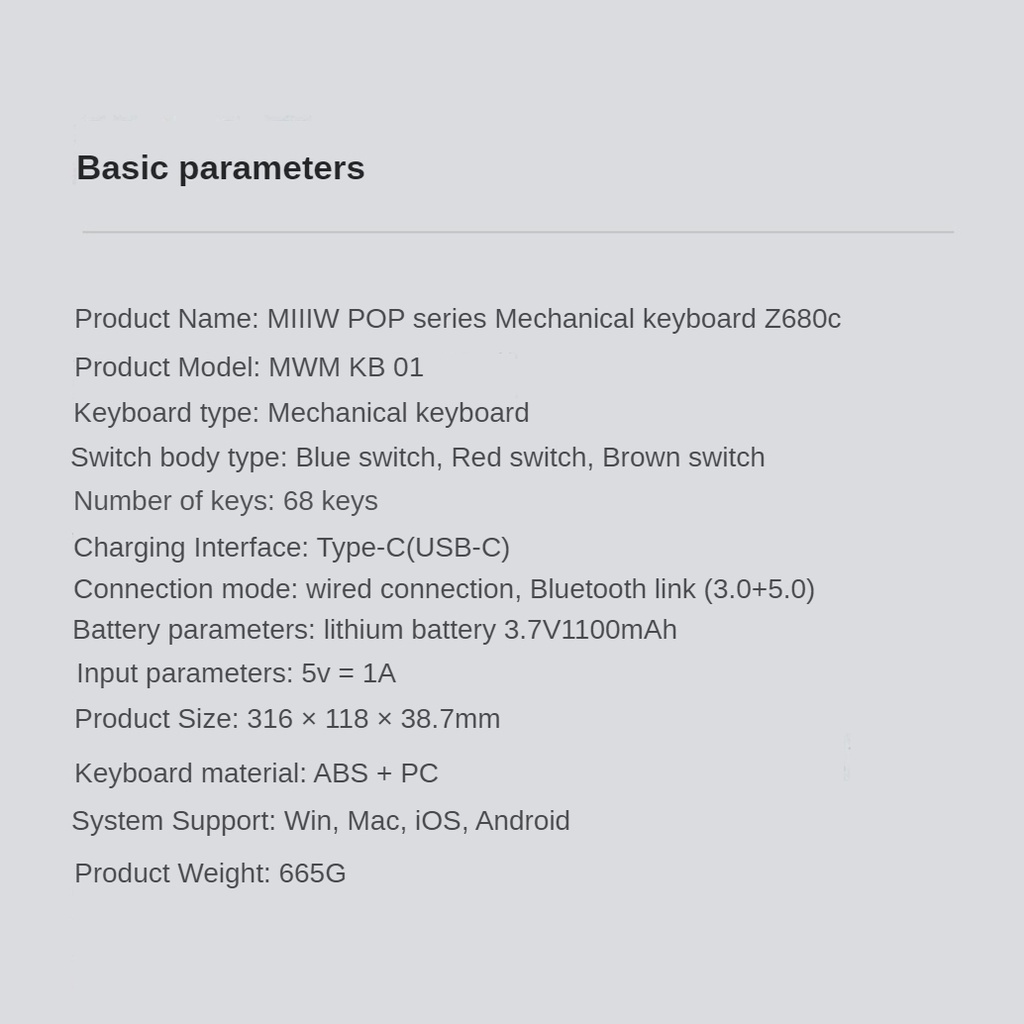 Bàn Phím Cơ Chơi Game Hai Dây bluetooth Không Dây Xiaomi MIIIW POP 68 Phím Z680C