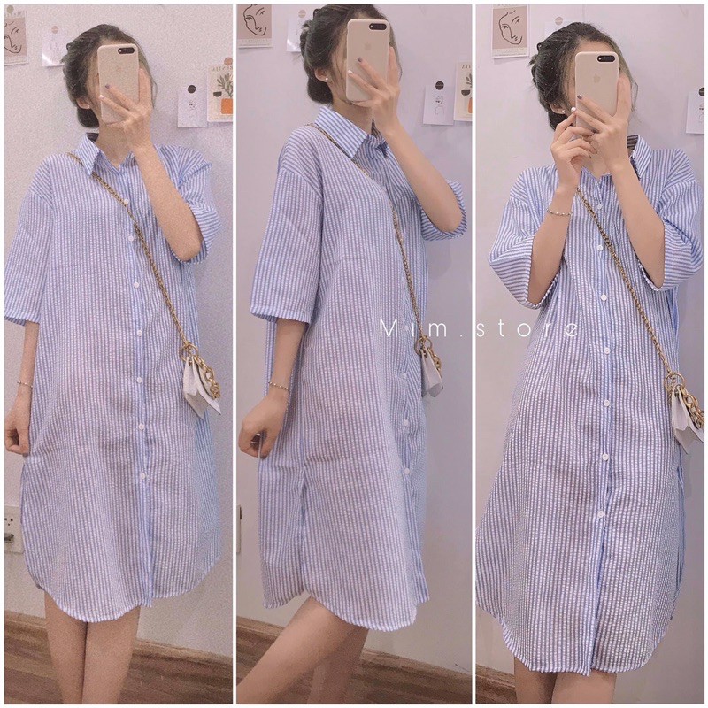 váy sơ mi kẻ sọc tay lỡ, váy sơ mi kẻ xốp dáng suông
