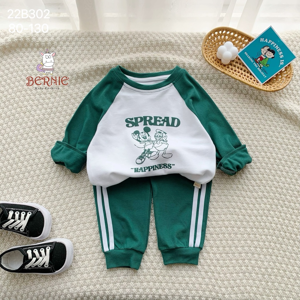 Bộ thu đông bé trai hoạ tiết, bộ thun dài tay cho bé vải da cá dày dặn Bernie
