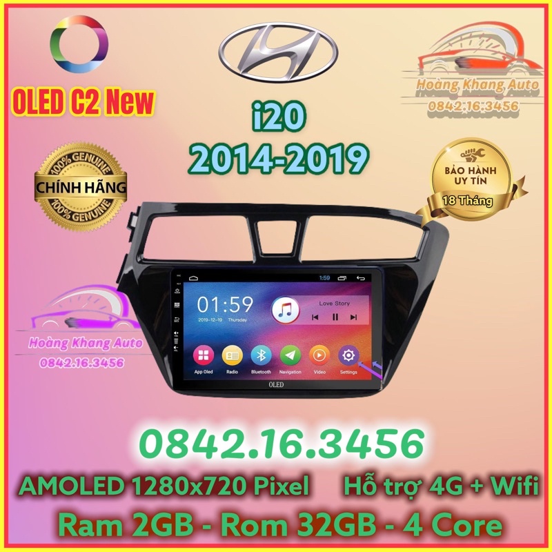 Màn hình Android OLED C2 New Theo Xe HUYNDAI i20 đời 2014 - 2018, 9 inch kèm dưỡng và jack nguồn zin