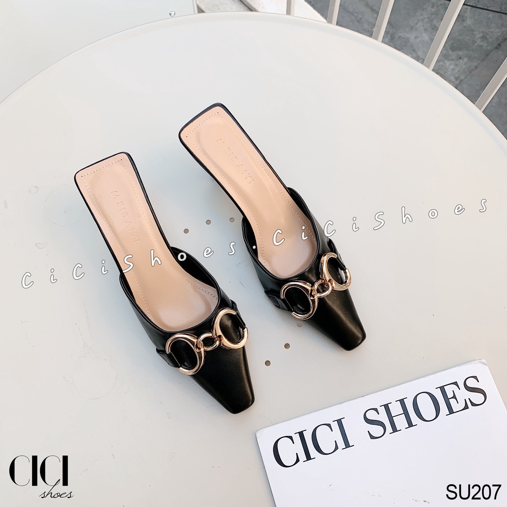 Giày cao gót nữ CiCi Shoes gót nhọn 7cm, dép sục mũi thon vuông móc xích tròn - SU207