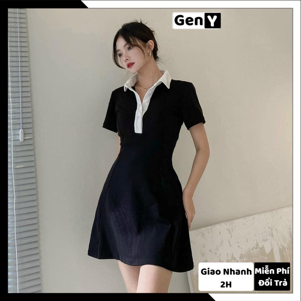 Đầm Dáng Ôm Body Polo Chất Thun Gân Co Dãn Màu Đen viền cổ trắng (chất vải quảng châu) | BigBuy360 - bigbuy360.vn