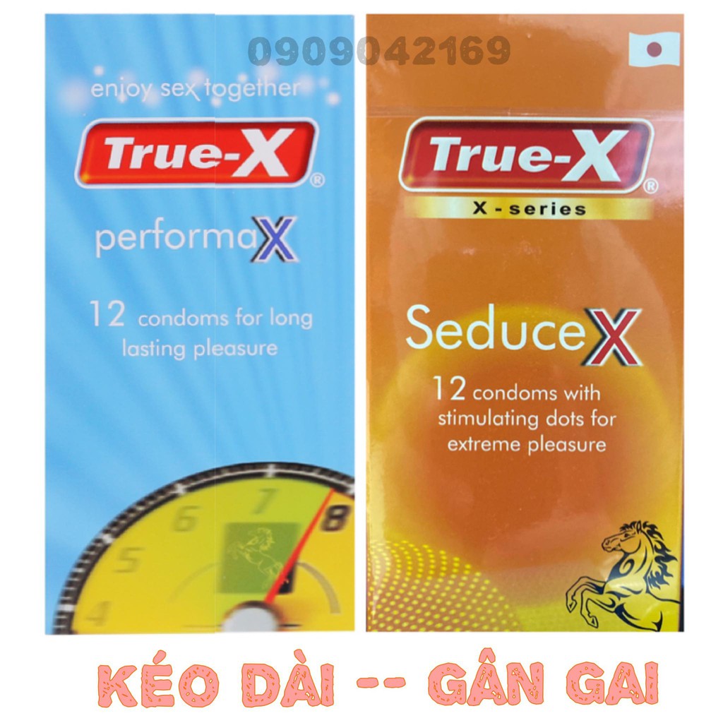 Bộ Đôi Bao cao su Kéo Dài True-X PerformaX- Extra -- Gân Gai Nổi True-X SeduceX - Xúc cảm mãnh liệt 2hộp/24cái