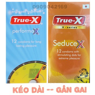 Bộ Đôi Bao cao su Kéo Dài True-X PerformaX- Extra -- Gân Gai Nổi True-X SeduceX - Xúc cảm mãnh liệt 2hộp/24cái