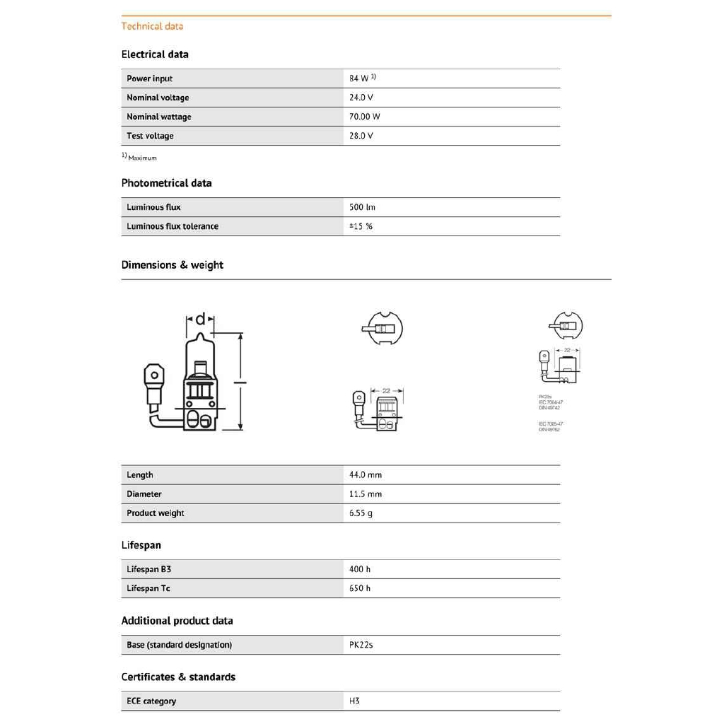 OSRAM H3 24V 70W 64156 PK22s Dòng gốc Phụ tùng sương mù Xe tải nhẹ Sử dụng đèn tiêu chuẩn Bóng đèn halogen cổ điển OEM