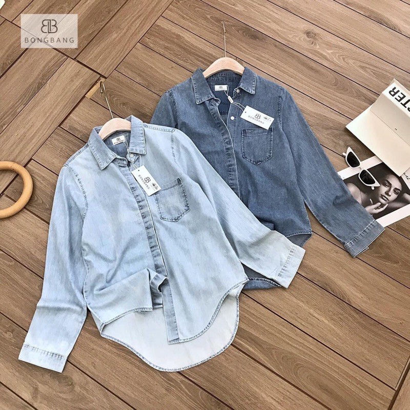 Áo somi denim tay dài màu xanh bụi