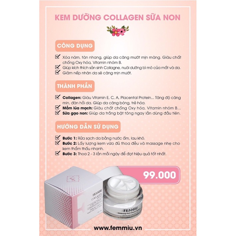 [CHÍNH HÃNG] Kem dưỡng trắng nâng tone mờ thâm nám Collagen Sữa Non Femmiu 30g