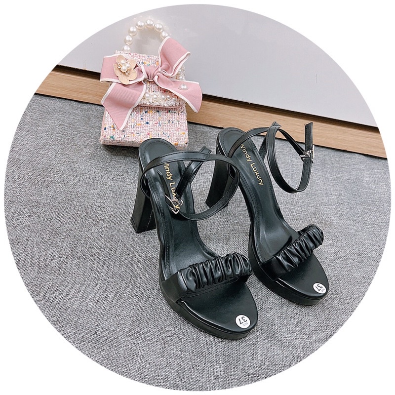Giày sandal cao gót 12p quai ngang Bèo Nhún đế đúp gót vuông tôn dáng