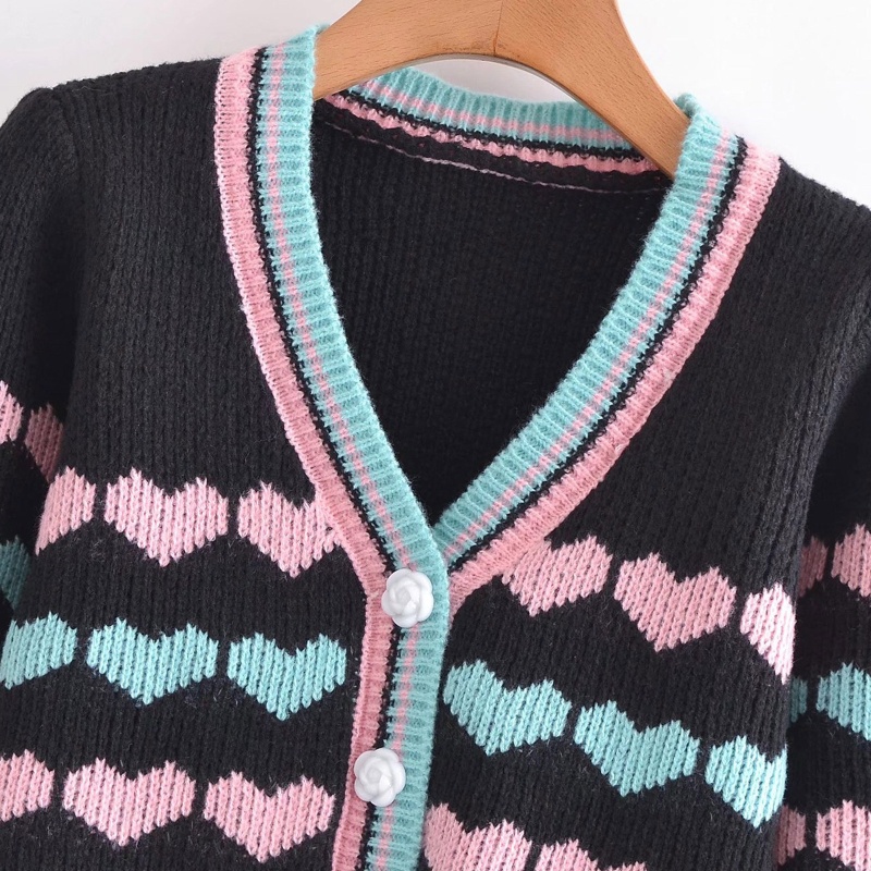Xiangbao Áo Khoác Cardigan Dệt Kim Ngắn Cài Nút Xuống Tay Dài Hình Trái Tim Nhiều Màu Sắc Lưng Thun C