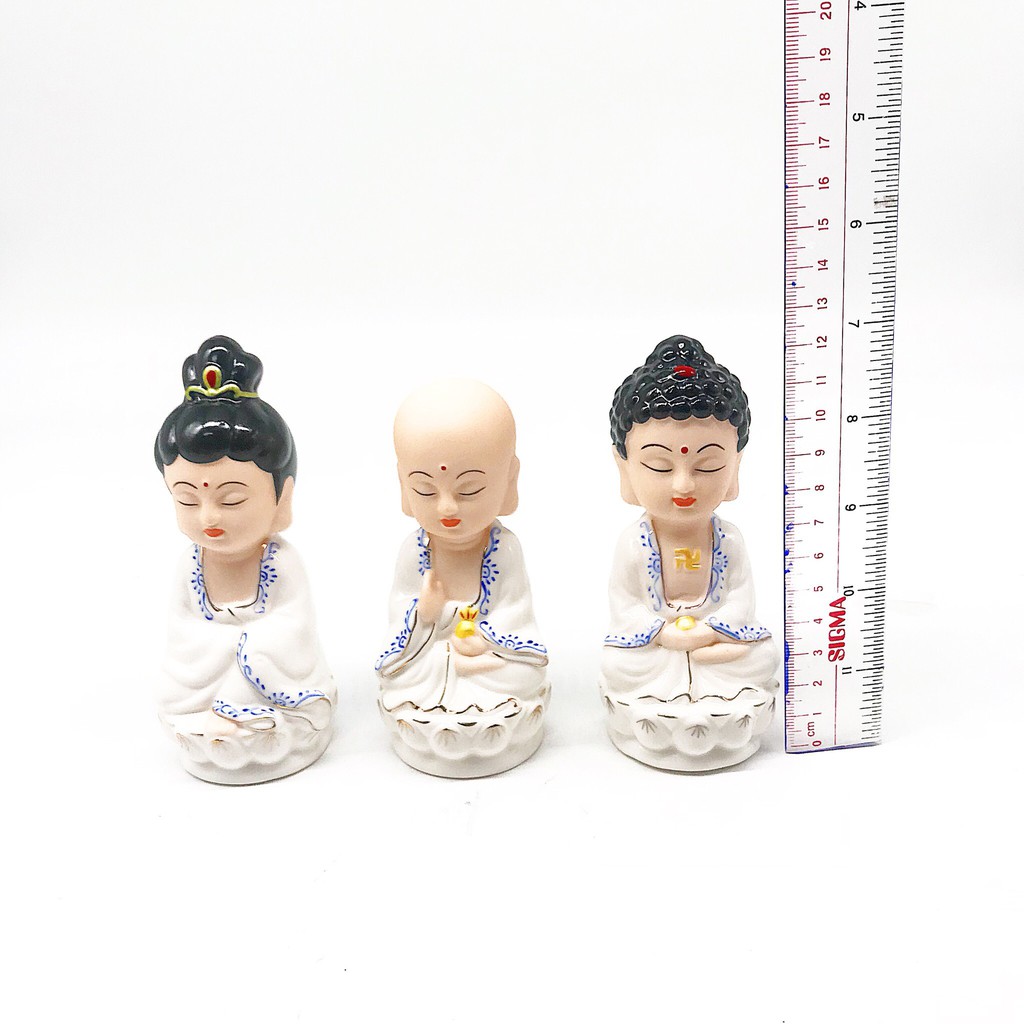 Bộ tượng Phật Quan Âm, Thích ca, Địa tạng gốm sứ áo trắng viền xanh đế sen phong thủy