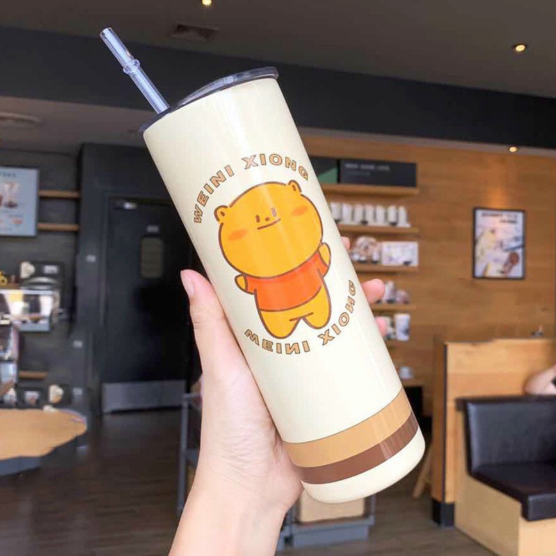 Bình nước hai lớp cách nhiệt kèm ống hút - Cốc inox kèm ống hút kiểu mới